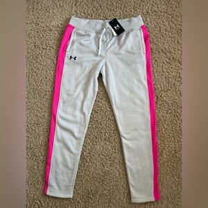 Brand New NWT Under Armour Girls Gray Pink Trim Fleece Pants Loose Youth XL
